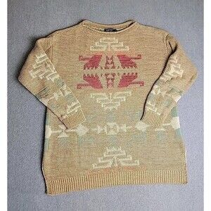 LRL Sweater Womens L Brown Green Pullover Cotton Linen Knit Aztec Preppy Cottage